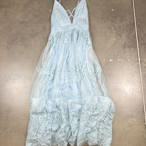 Velvet Floral Sky Blue Criss Cross Strap Maxi Dress